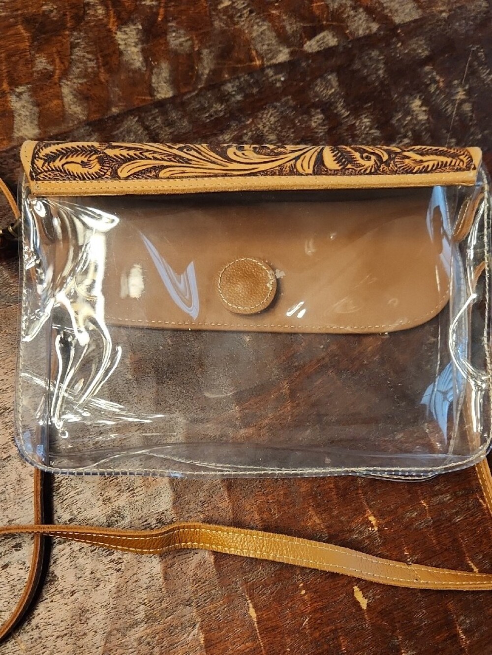 Clear Crossbody Bag with Tooled Floral Leather Accent - Tan - Picture 2 of 3